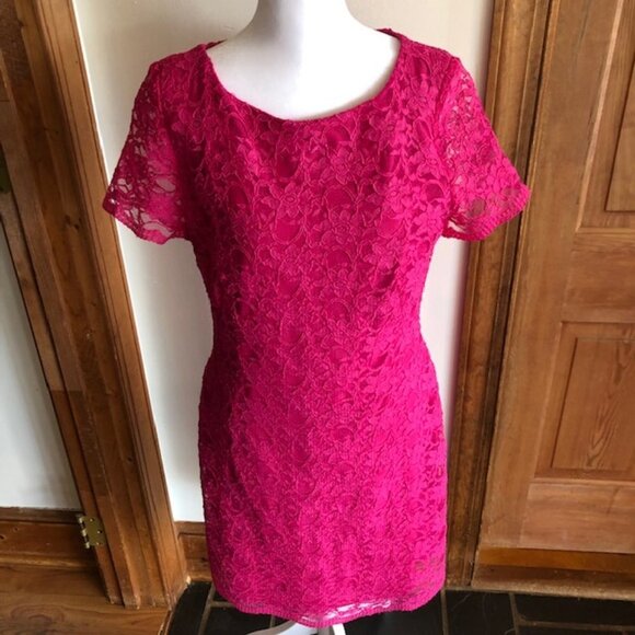 RALPH LAUREN Fuchsia Lace Sheath Short Sleeve Dress 10 - Picture 2 of 15